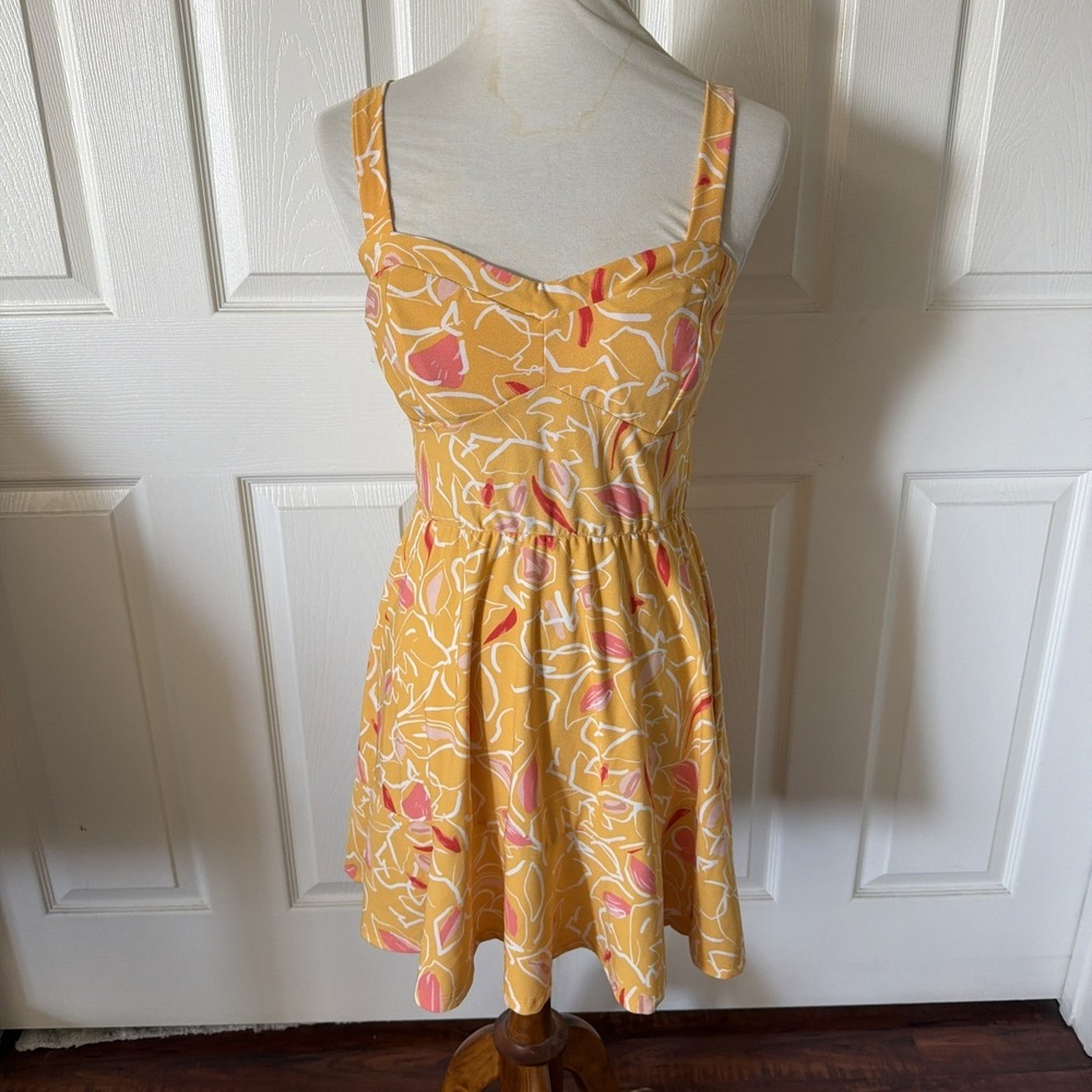 AUW Jr Womens Large Retro Abstract Y2K Sweetheart Fit Flare Sundress Yellow